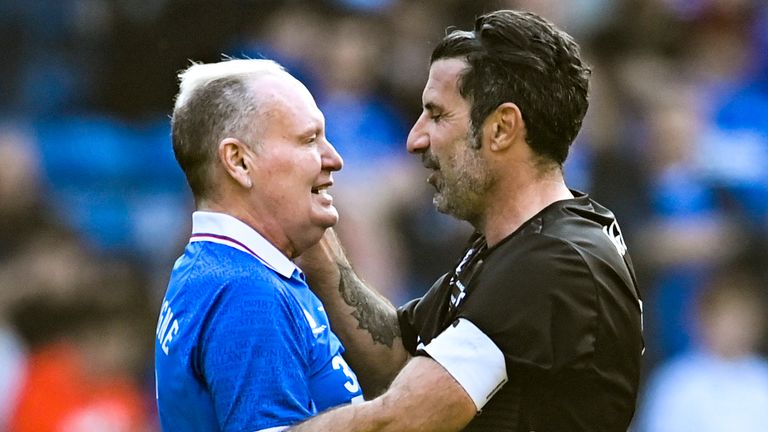 GLASGOW, SCOTLAND - MARCH 26: Rangers Paul Gascoigne and Luis Figo during a Rangers Legend match between Rangers Legends and Worlds Legends at Ibrox Stadium, on March 26, 2022, in Glasgow, Scotland.  (Photo by Rob Casey / SNS Group)