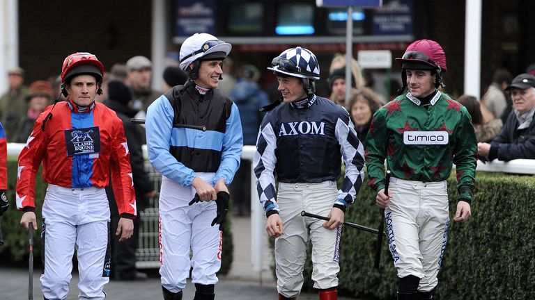 Hughes heads out to ride alongside (left to right) Jamie Moore, Paddy Brennan and Sam Twiston-Davies.