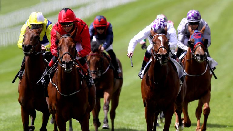 Masseto, far left, chases home Castle Star in the Group Three Marble Hill Stakes at the Curragh