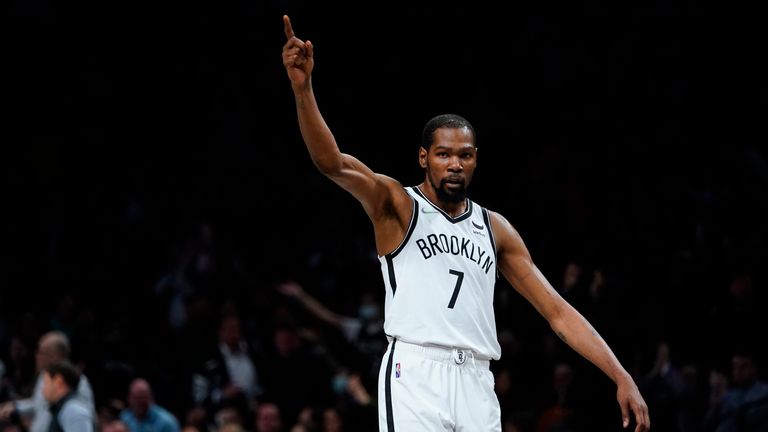 Brooklyn Nets&#39; Kevin Durant (7) gestures to fans after an NBA basketball game against the Utah Jazz, Monday, March 21, 2022, in New York.