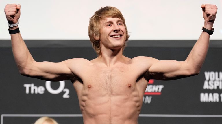 Paddy Pimblett of England poses on the scale during the UFC Fight Night ceremonial weigh-in at O2 Arena 
