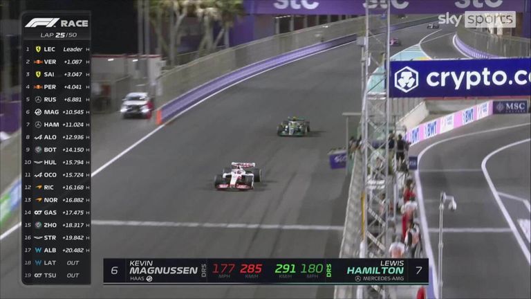 Lewis Hamilton moved up to sixth place after overtaking the Haas of Kevin Magnussen.