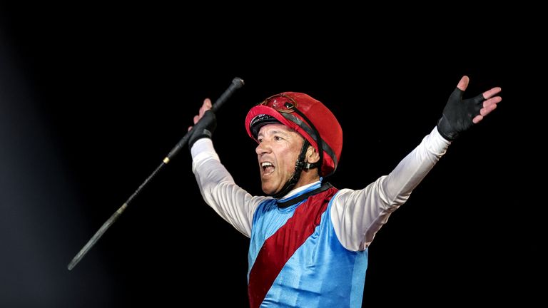 Getty - Frankie Dettori celebrates victory in the 2022 Dubai World Cup on Country Grammer