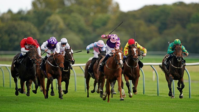 Rogue Bear (pink cap) finishes in a dead-heat with Hot Chesnut at Nottingham last year